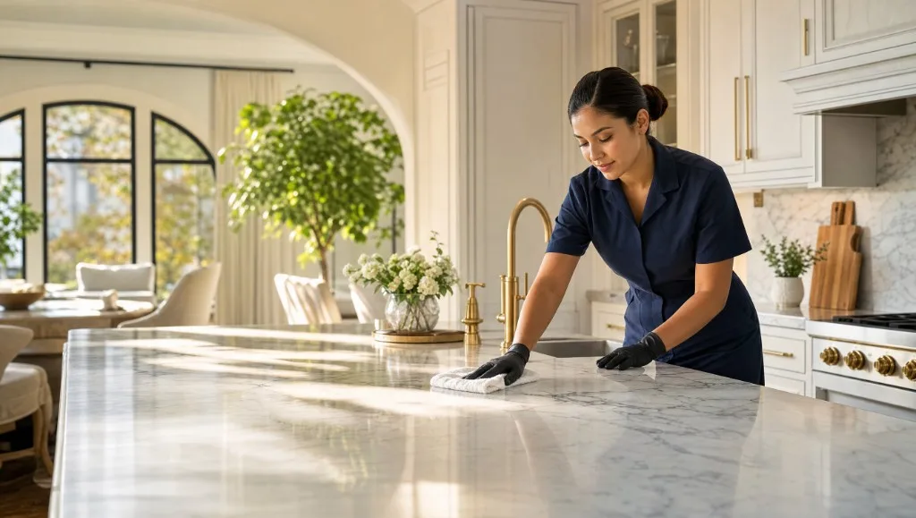 Professional cleaner wiping a kitchen island in a bright residential kitchen