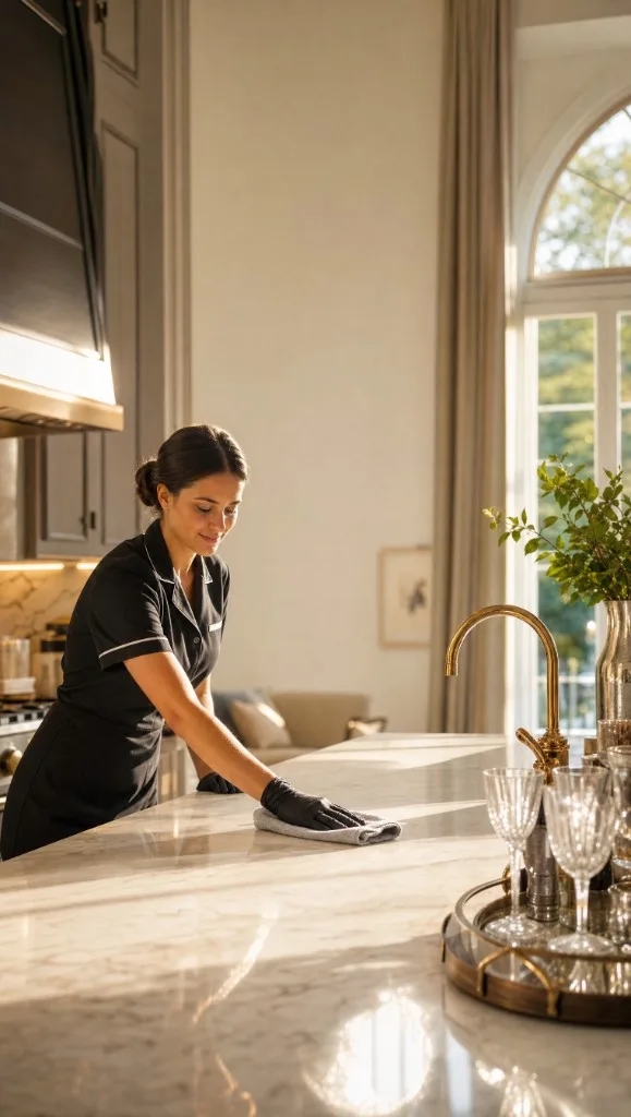 Professional cleaner wiping a marble countertop in a sunlit kitchen