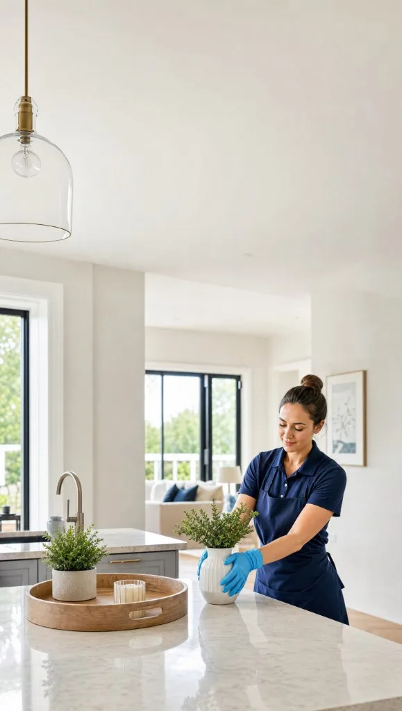 Cleaning professional arranging a plant on a polished marble kitchen island