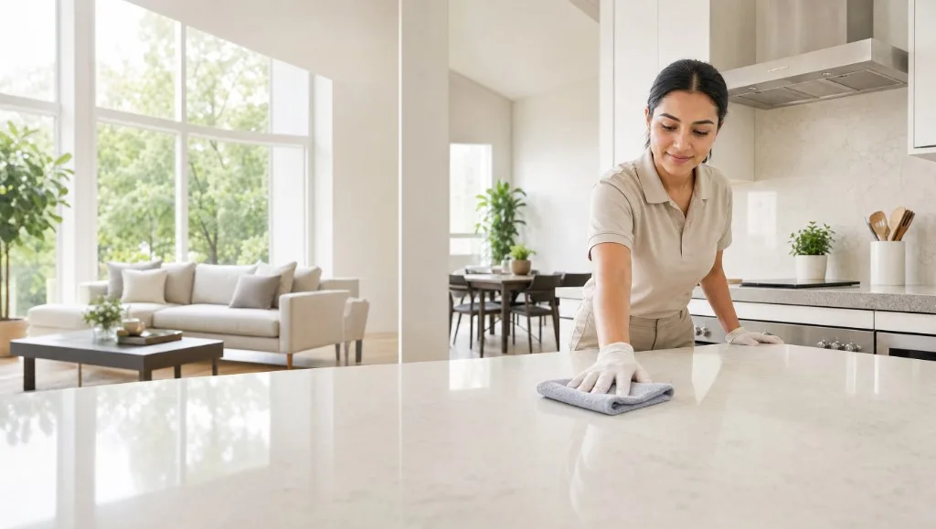 Professional cleaner wiping a kitchen counter in a bright modern home